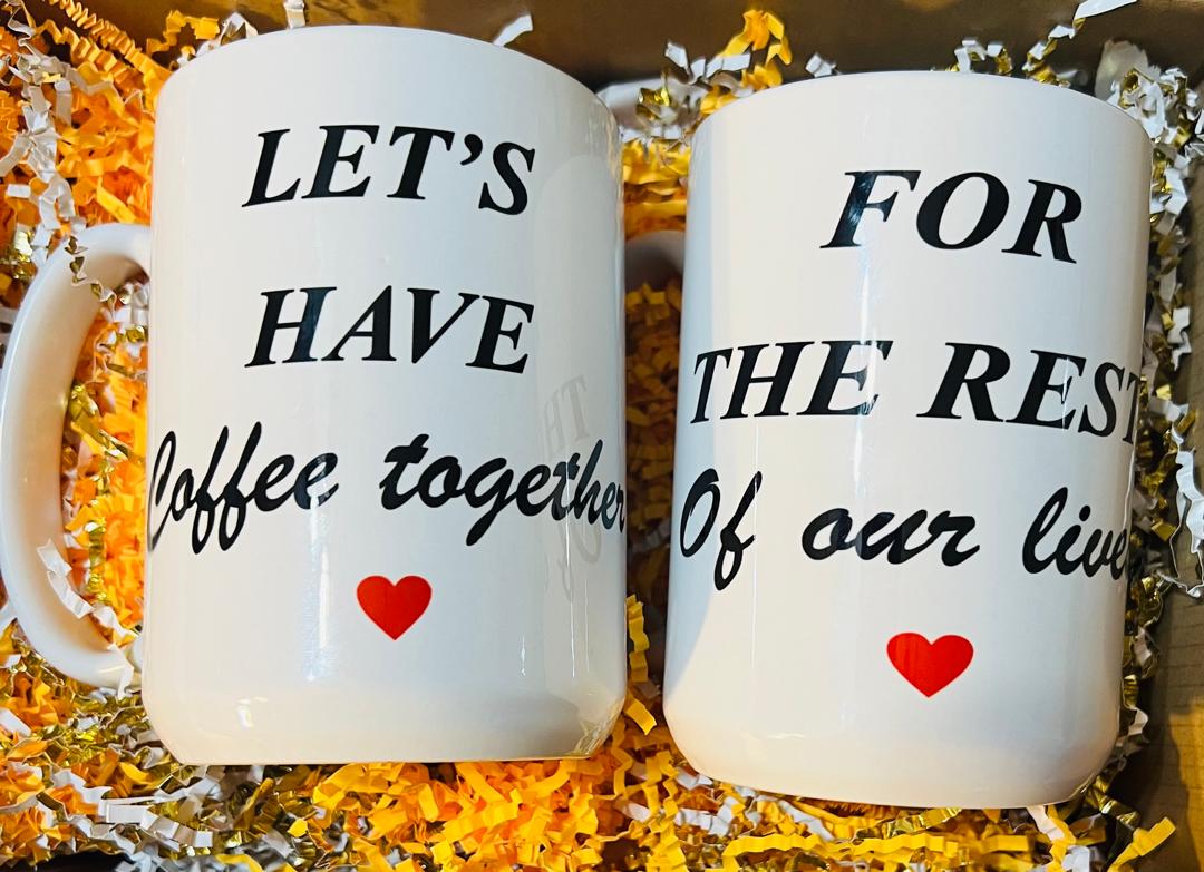 Couple Mug Gift Set / Matching Coffee Mugs with Bamboo Lids & Gold Sponns - Romantic Gift for Him & Her