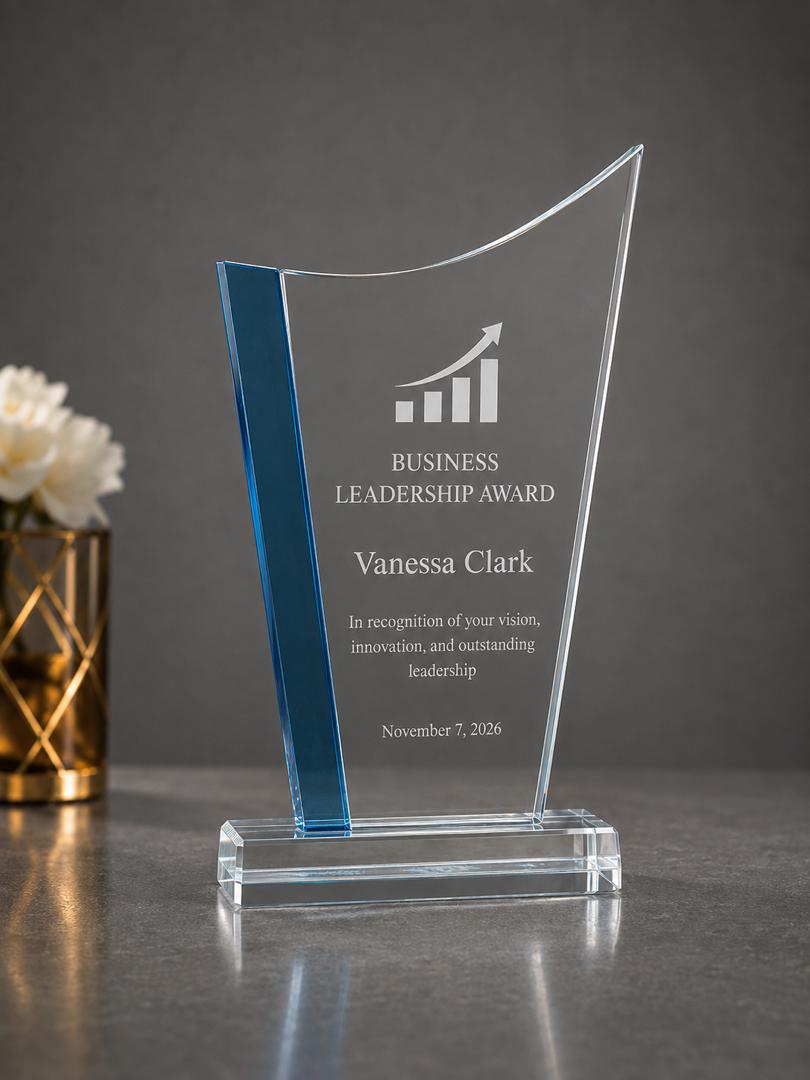 Personalized Crystal Award - Blue Edge Custom Engraved Plaque, 9 1/4"