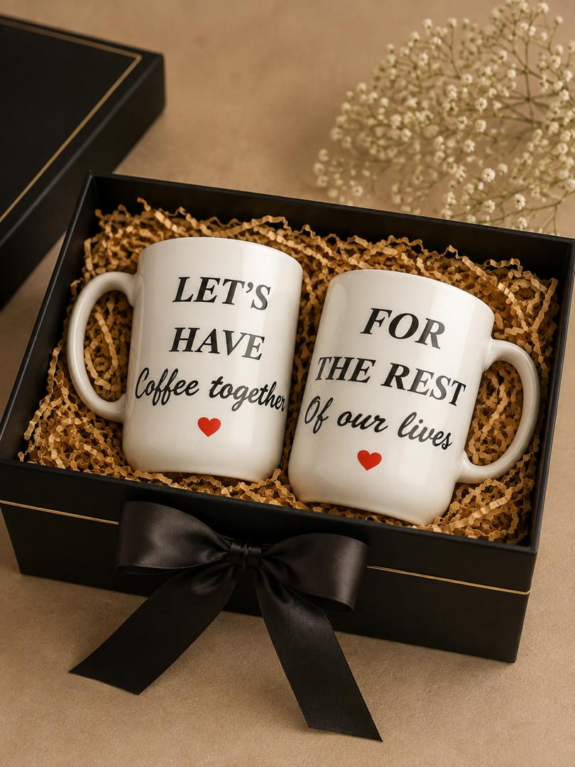 Couple Mug Gift Set / Matching Coffee Mugs with Bamboo Lids & Gold Spoons - Romantic Gift for Him & Her