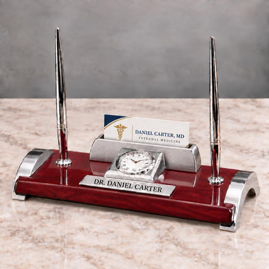 Personalized Executive Desk Set with Clock & Pens - 8 Inch