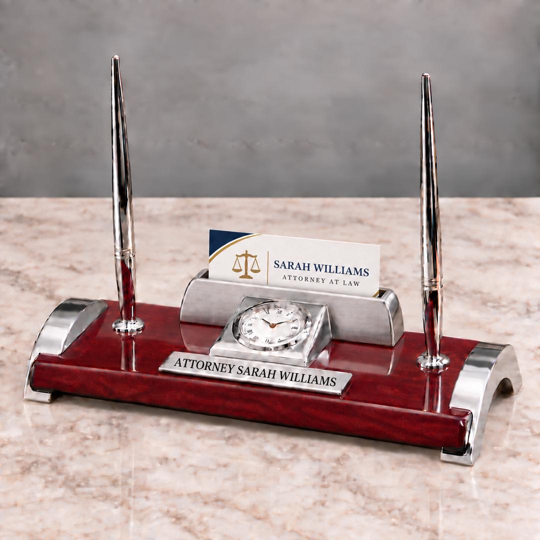 Personalized Executive Desk Set with Clock & Pens - 8 Inch
