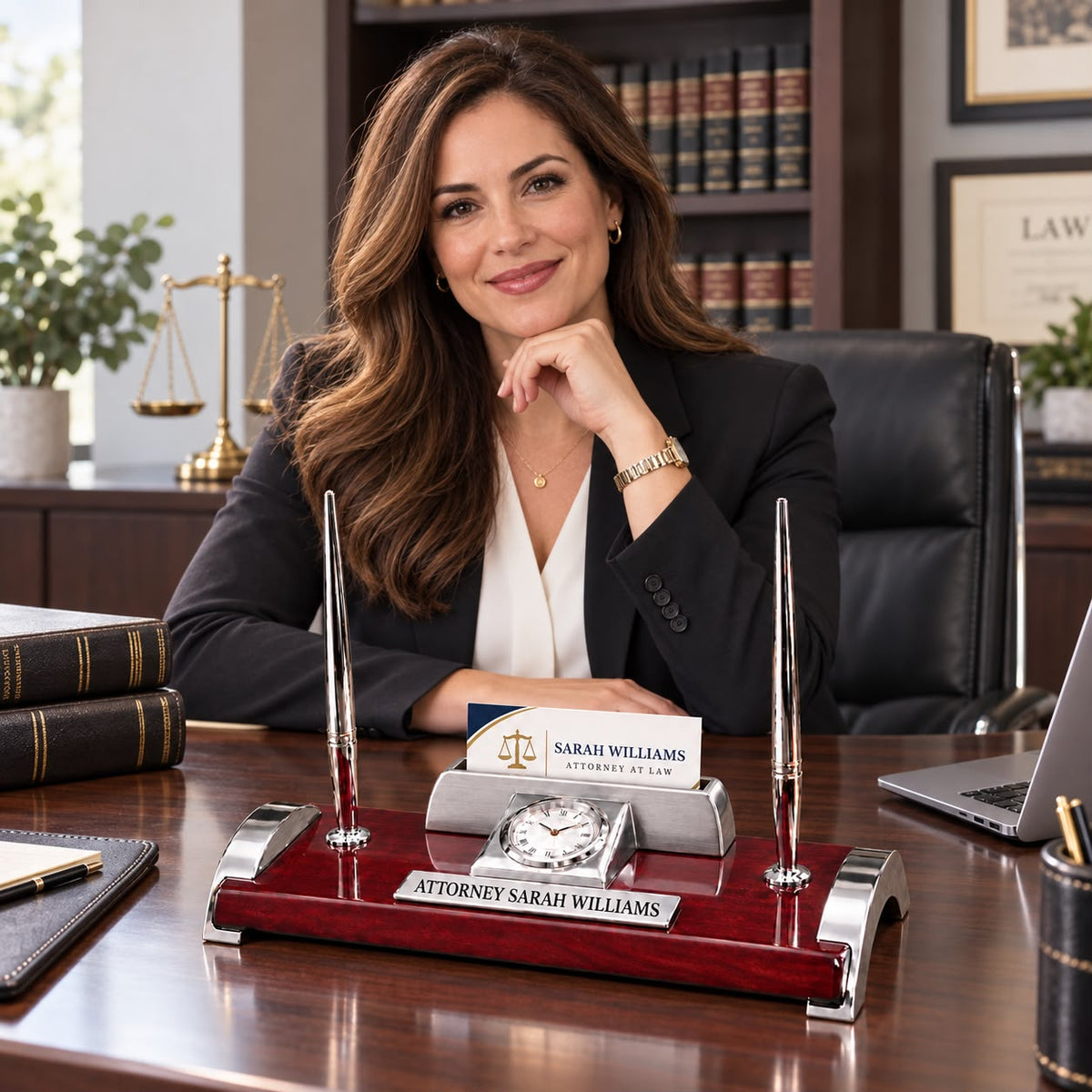 Personalized Executive Desk Set with Clock & Pens - 8 Inch