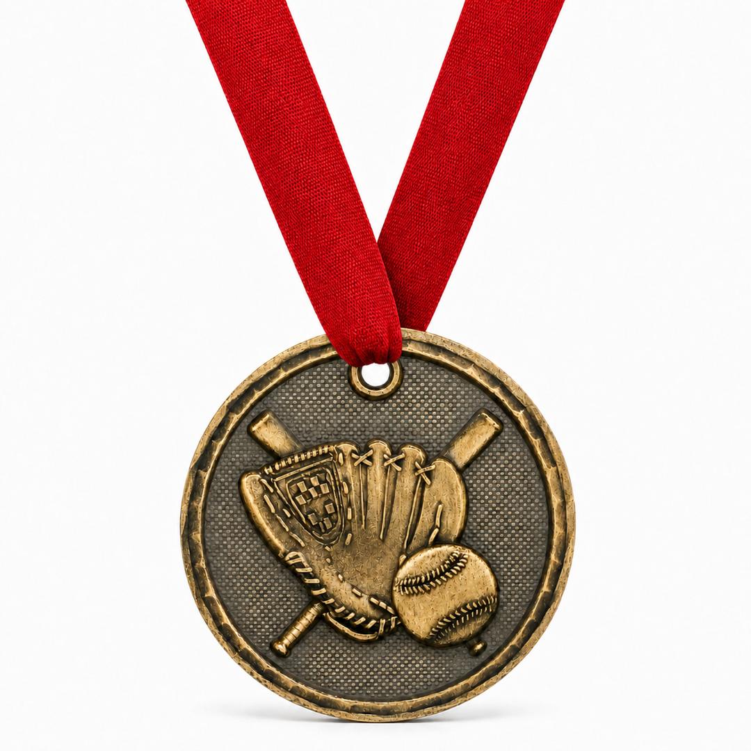 2" Antique Gold  Baseball & Softball Medal with Ribbon