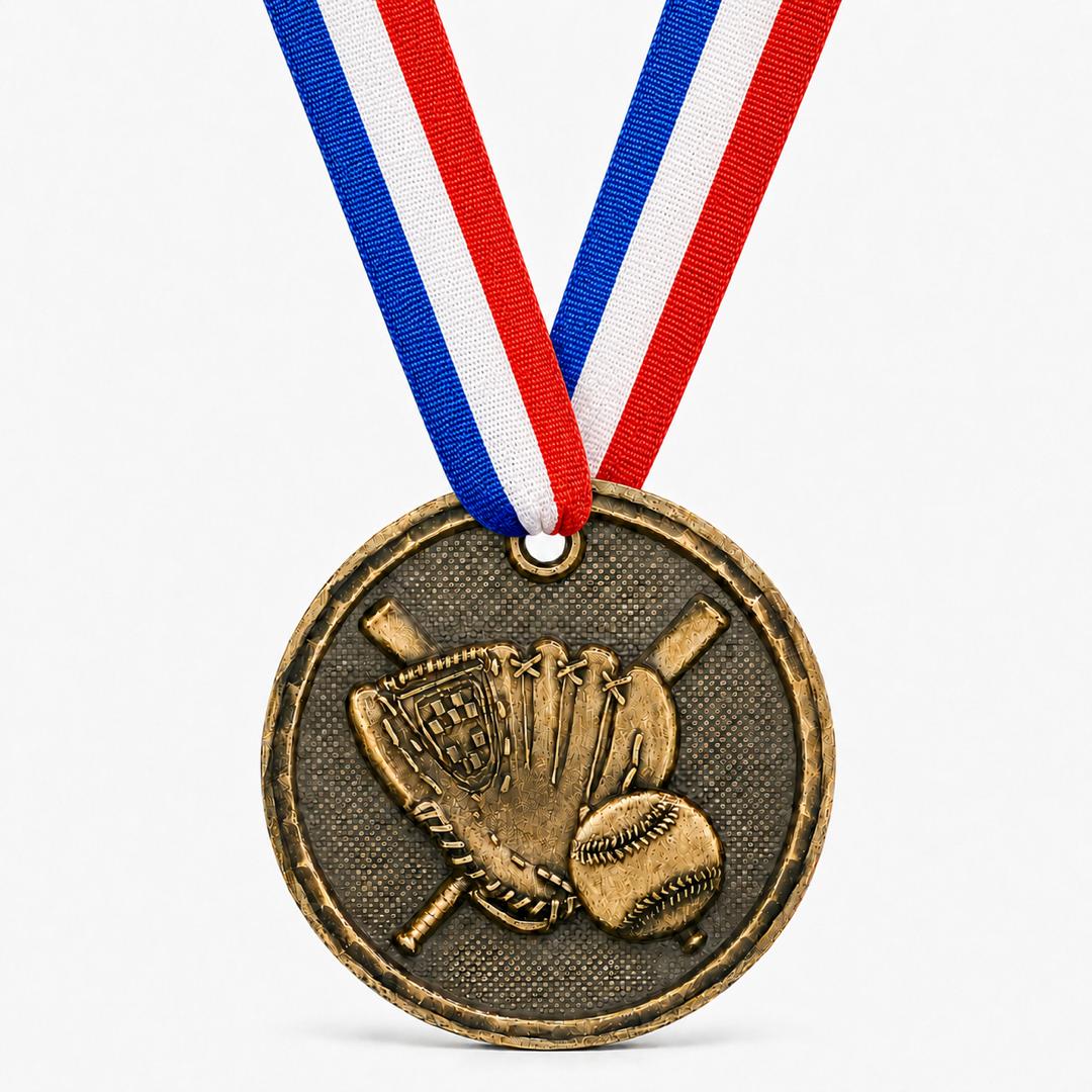 2" Antique Gold  Baseball & Softball Medal with Ribbon