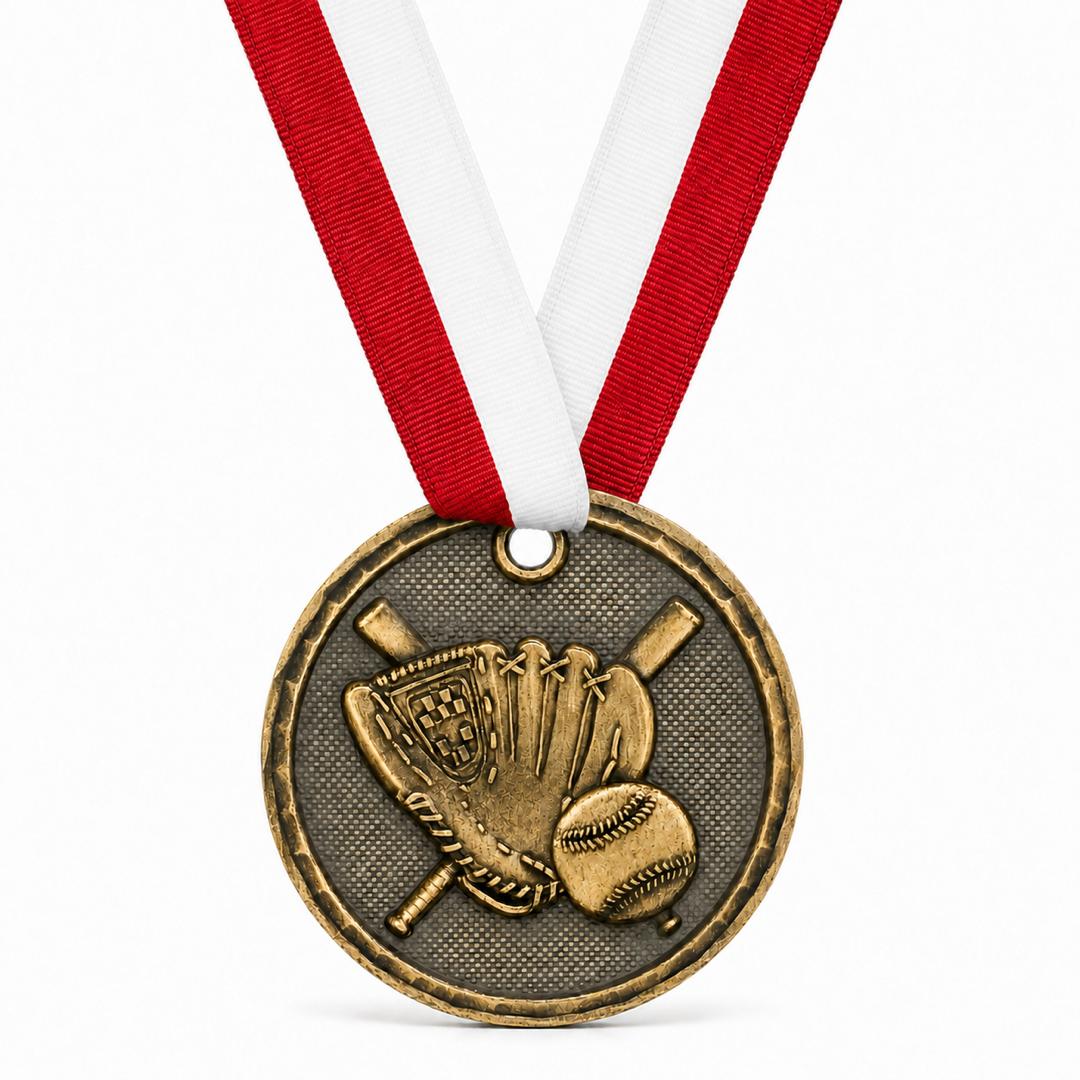 2" Antique Gold  Baseball & Softball Medal with Ribbon