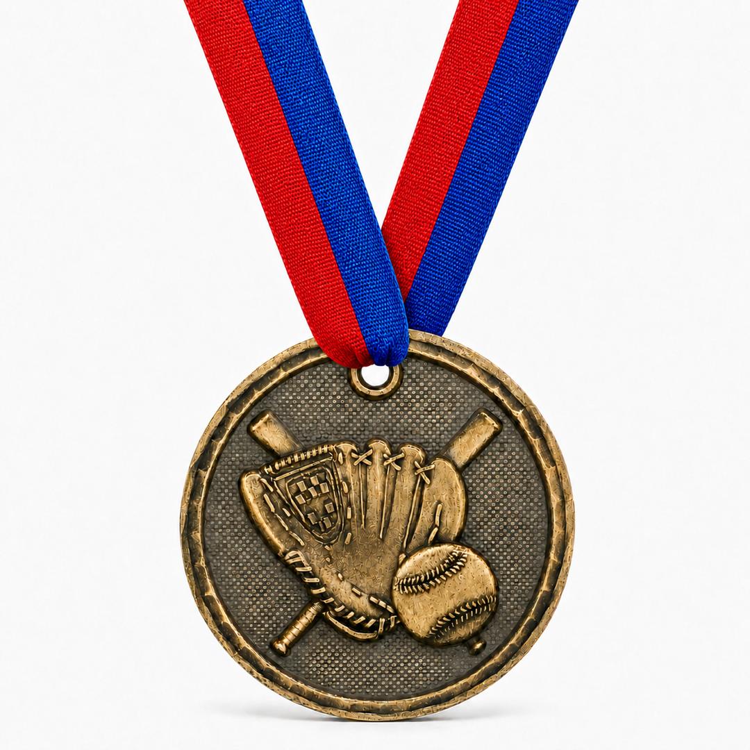 2" Antique Gold  Baseball & Softball Medal with Ribbon