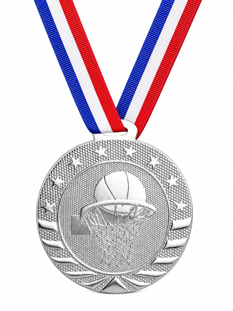 2" Basketball Medal - Gold or Silver with Choice of Ribbon Colors