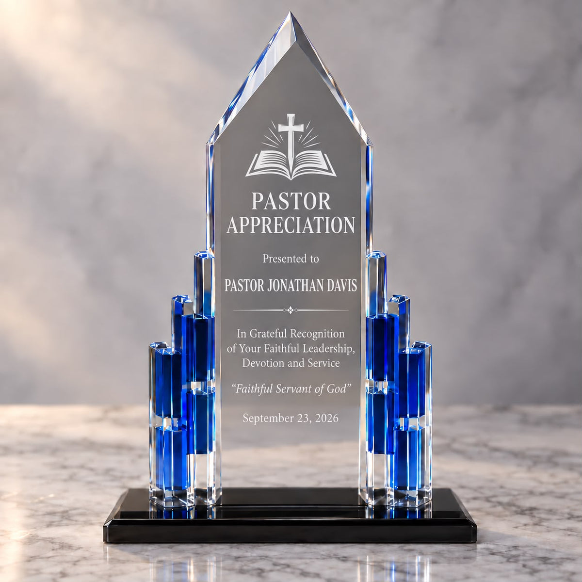 Blue Accent Acrylic Tower Award - 13.5 Inch