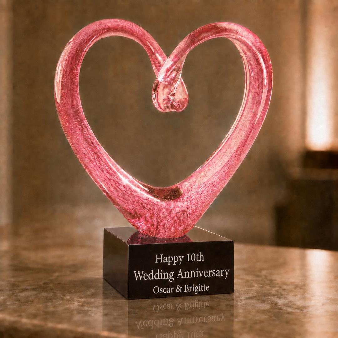 Custom Engraved Pink Glass Heart Award - 9 inch