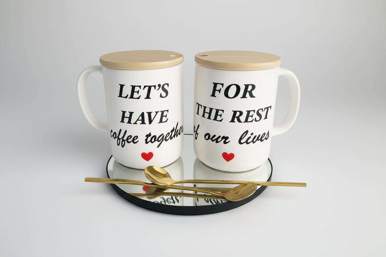 Couple Mug Gift Set / Matching Coffee Mugs with Bamboo Lids & Gold Sponns - Romantic Gift for Him & Her