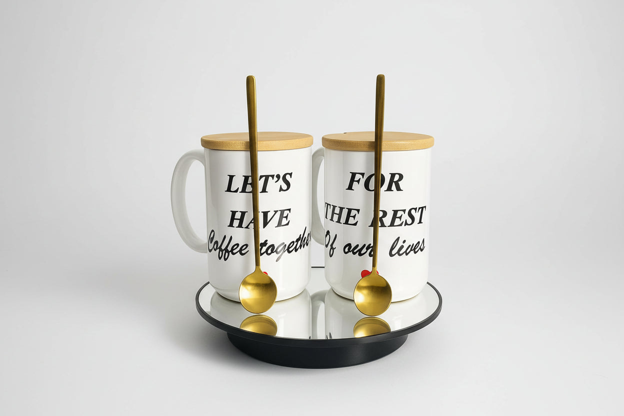 Couple Mug Gift Set / Matching Coffee Mugs with Bamboo Lids & Gold Sponns - Romantic Gift for Him & Her