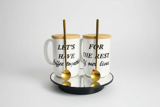 Couple Mug Gift Set / Matching Coffee Mugs with Bamboo Lids & Gold Sponns - Romantic Gift for Him & Her