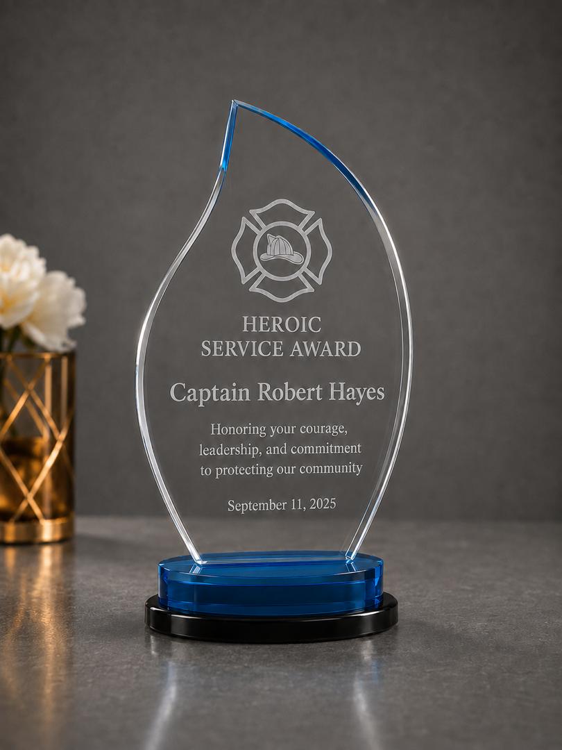 Personalized Acrylic Flame Award - Blue Edge Custom Engraved, 8 1/4"