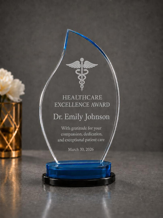Personalized Acrylic Flame Award - Blue Edge Custom Engraved, 8 1/4"