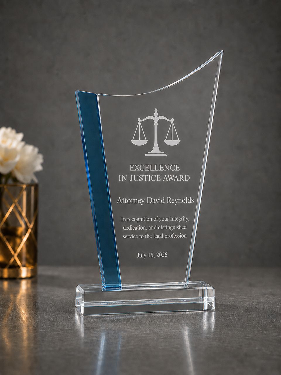 Personalized Crystal Award - Blue Edge Custom Engraved Plaque, 9 1/4"