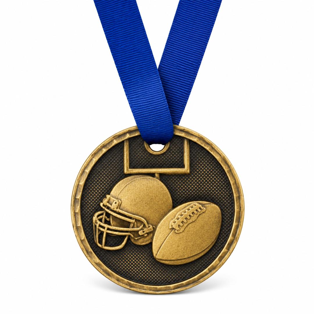 2" Antique Gold Football Medal with Ribbon