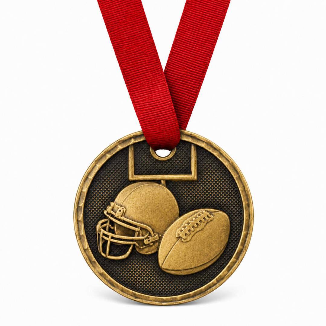 2" Antique Gold Football Medal with Ribbon