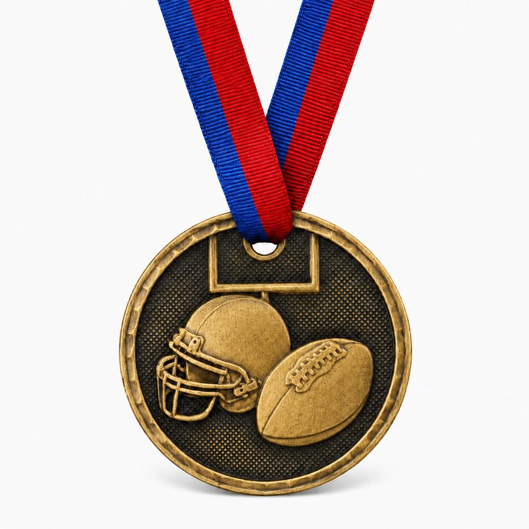 2" Antique Gold Football Medal with Ribbon