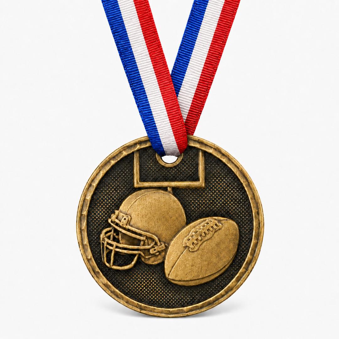 2" Antique Gold Football Medal with Ribbon