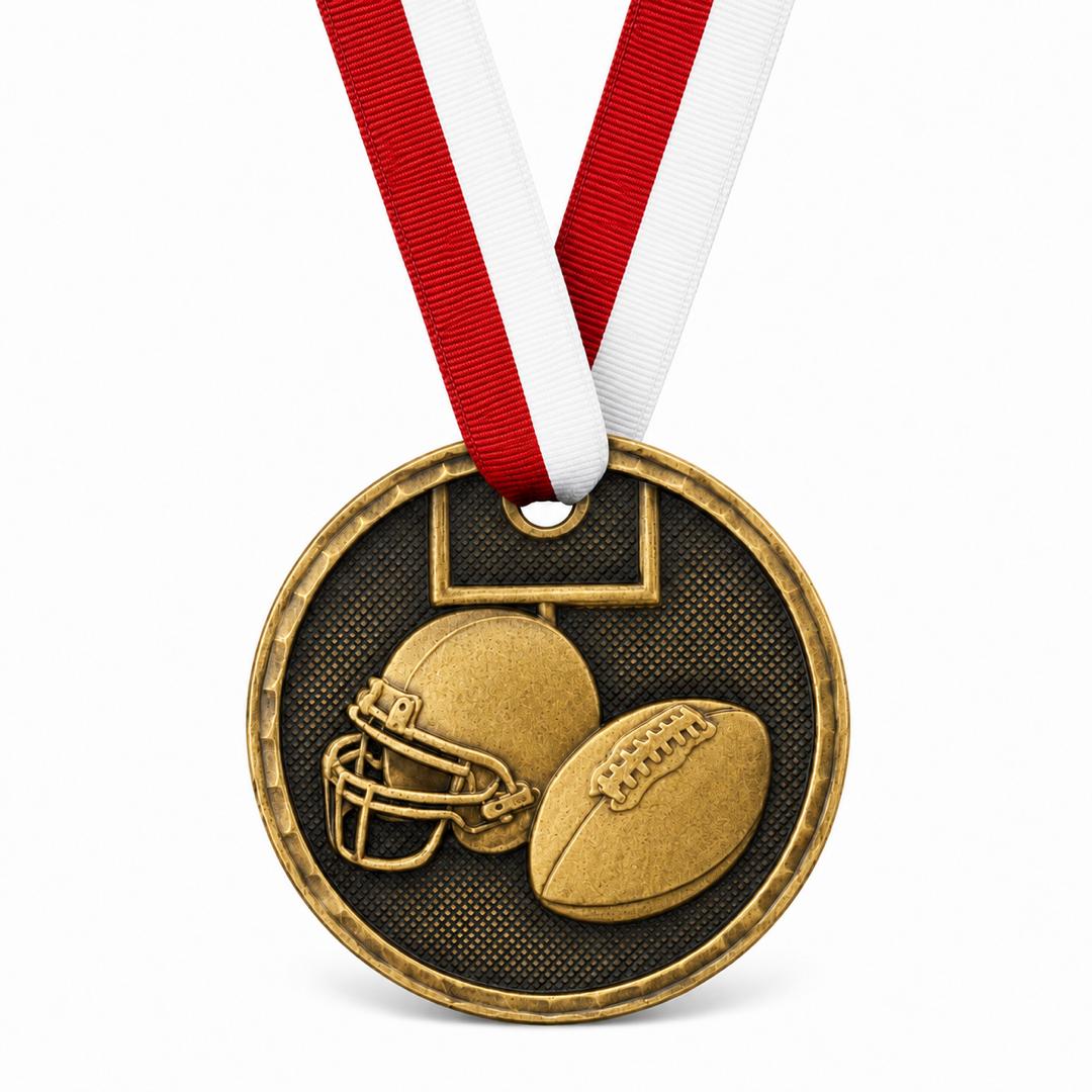 2" Antique Gold Football Medal with Ribbon