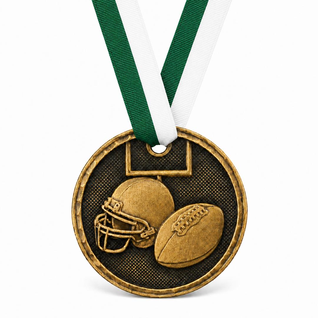 2" Antique Gold Football Medal with Ribbon