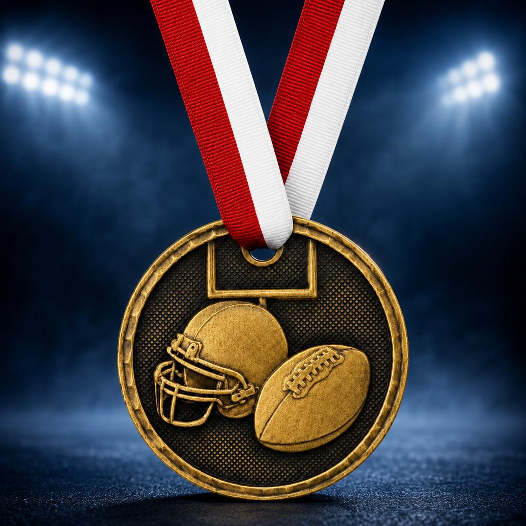 2" Antique Gold Football Medal with Ribbon