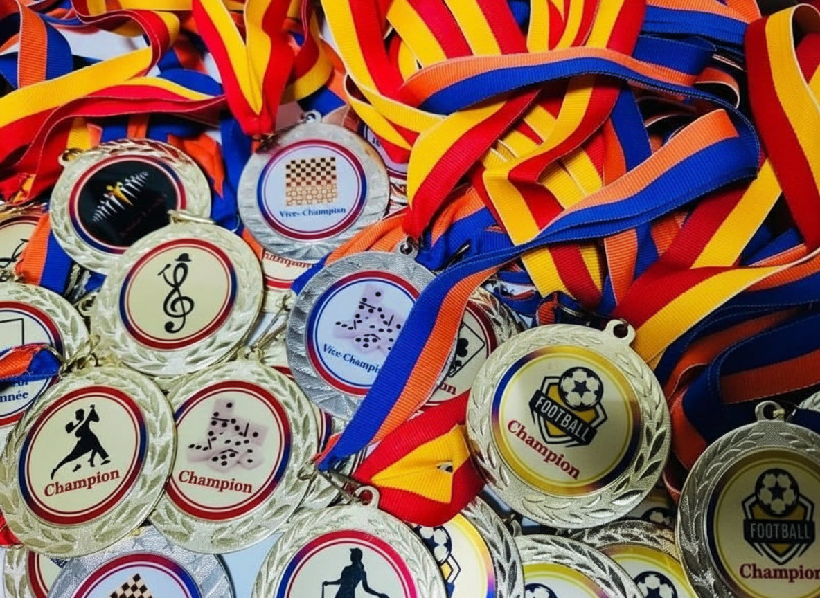 Custom Medal - 2 1/2" - Gold or Silver (Ribbon Included) -A240:B264 Red and white / Silver