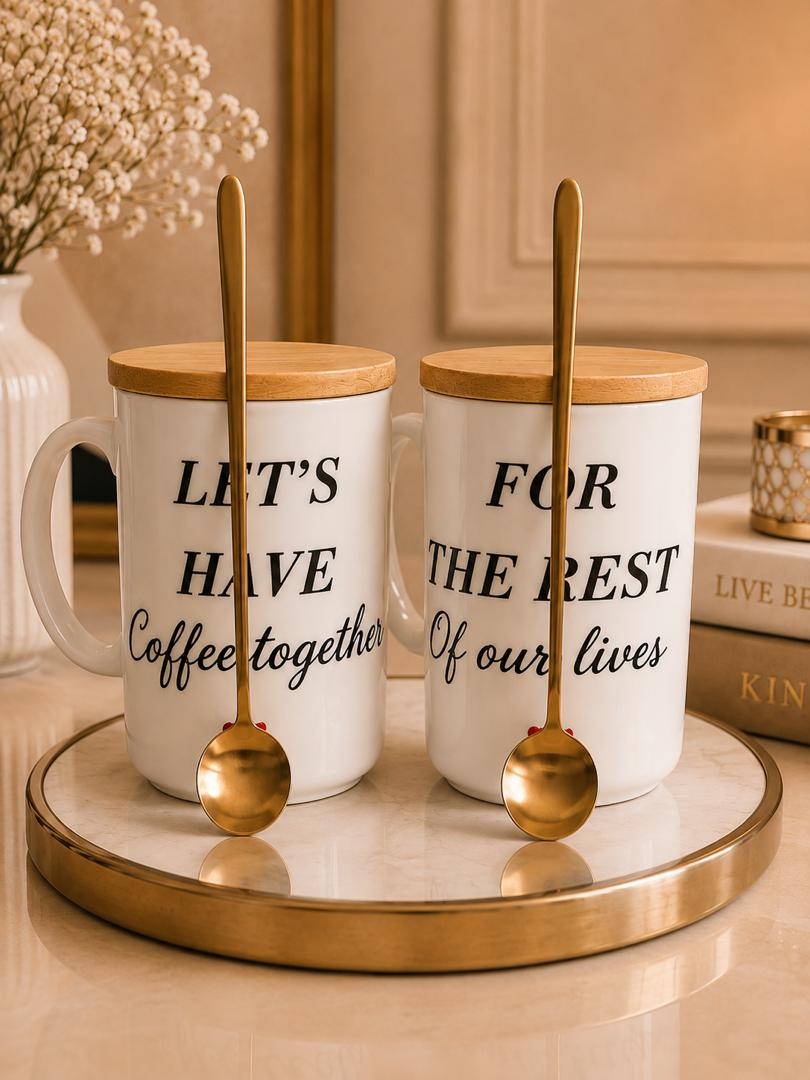 Couple Mug Gift Set / Matching Coffee Mugs with Bamboo Lids & Gold Spoons - Romantic Gift for Him & Her