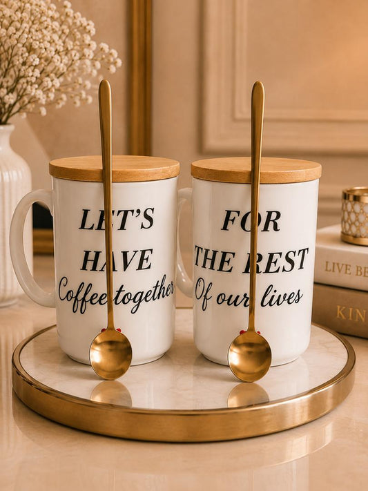 Couple Mug Gift Set / Matching Coffee Mugs with Bamboo Lids & Gold Spoons - Romantic Gift for Him & Her