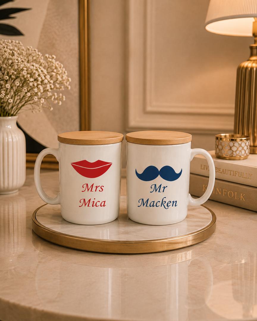 Couple Mug Gift Set / Matching Coffee Mugs with Bamboo Lids & Gold Spoons - Romantic Gift for Him & Her