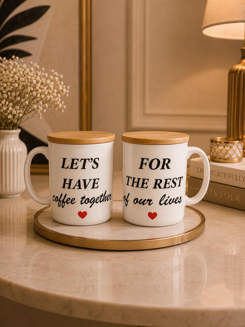 Couple Mug Gift Set / Matching Coffee Mugs with Bamboo Lids & Gold Spoons - Romantic Gift for Him & Her