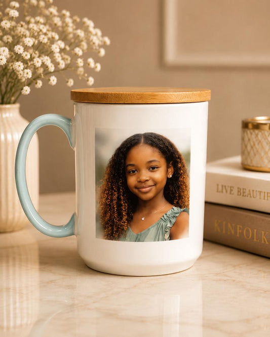 Personalized 15 oz Ceramic Mug with Bamboo Lid - Custom Photo, Name, Quote or Bible Verse