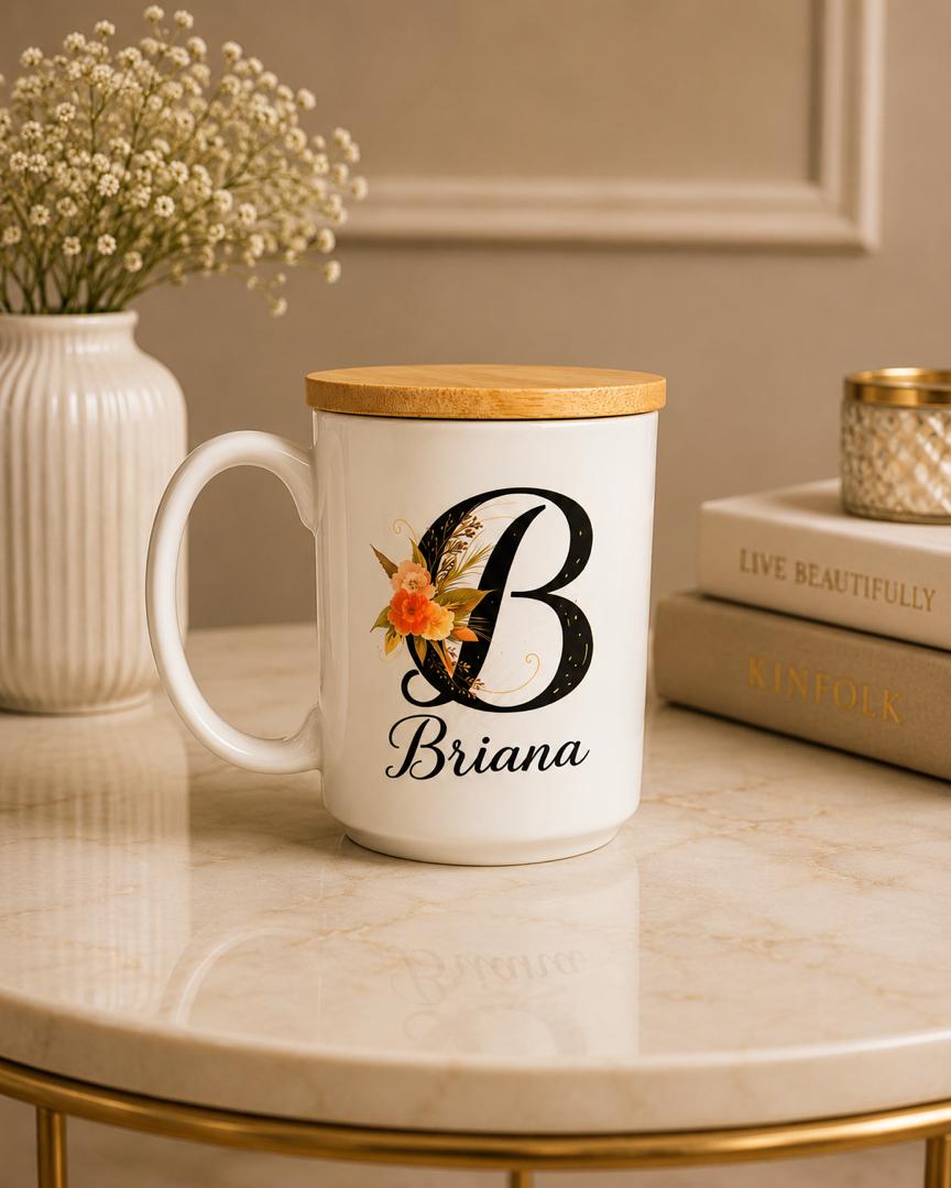 Personalized 15 oz Ceramic Mug with Bamboo Lid - Custom Photo, Name, Quote or Bible Verse
