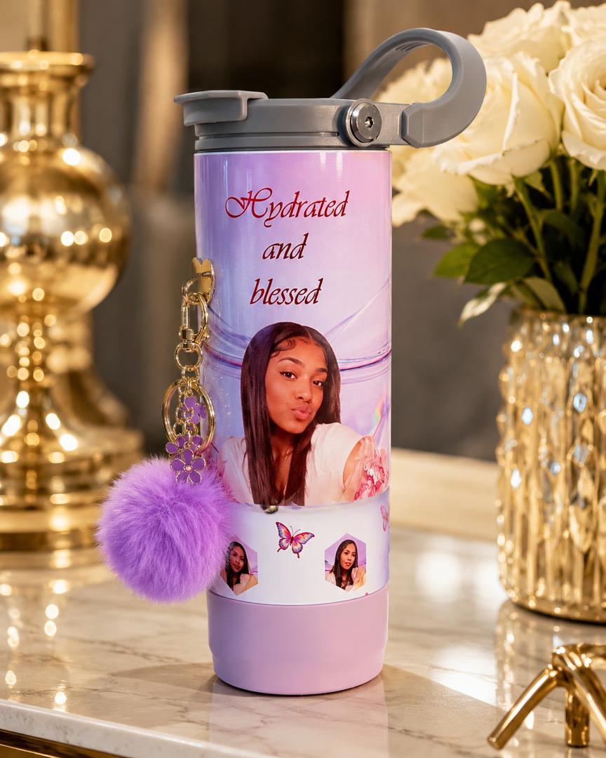 Personalized 30 oz purple photo tumbler with straw and fluffy charm