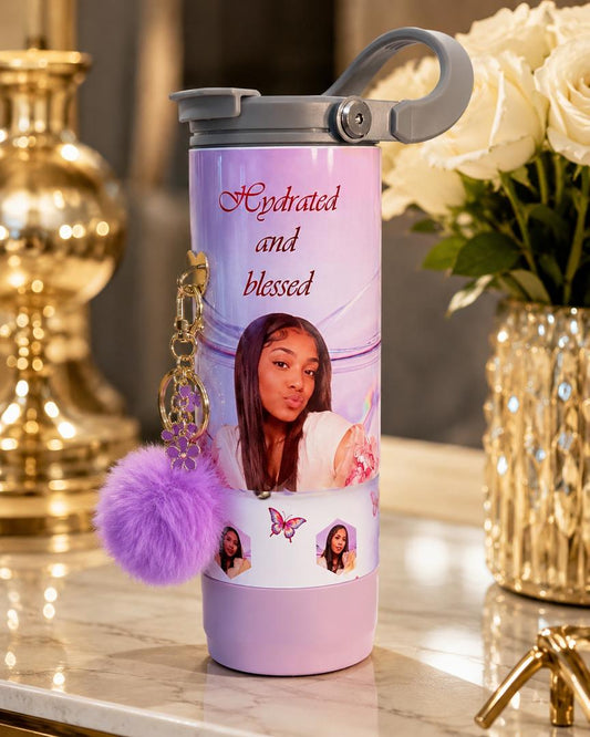 Personalized 30 oz purple photo tumbler with straw and fluffy charm