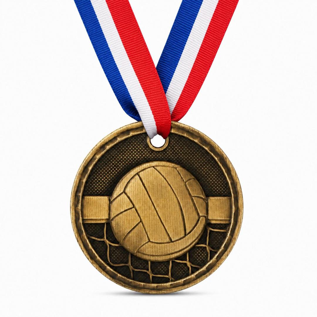 2" Antique Gold Volleyball Medal with Ribbon
