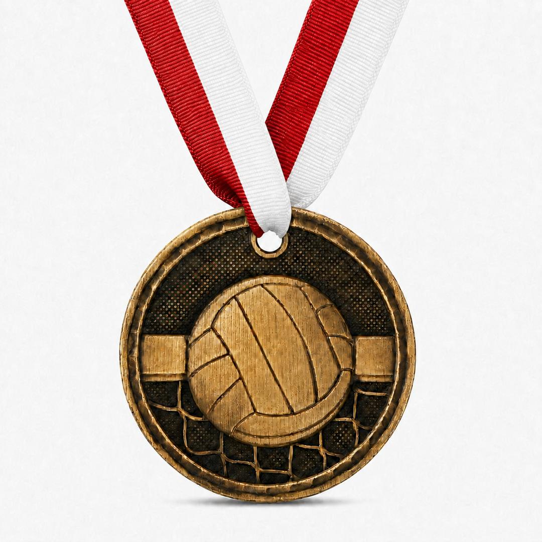 2" Antique Gold Volleyball Medal with Ribbon